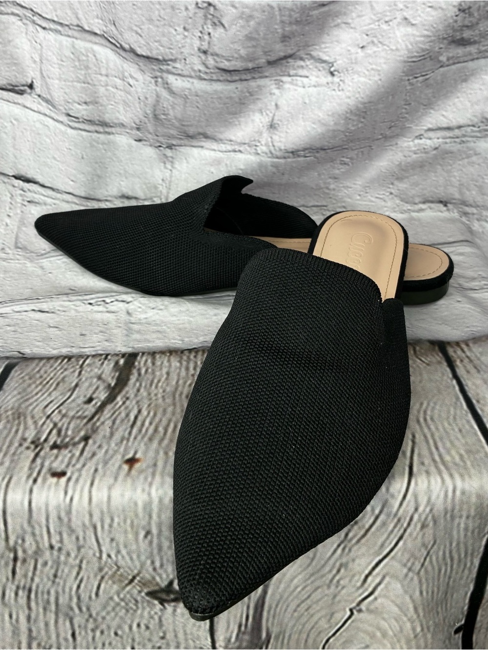 Minimalist Monochromatic Corporate Goth Black Knit Pointed Toe Slip On Mules 8 - Picture 2 of 8